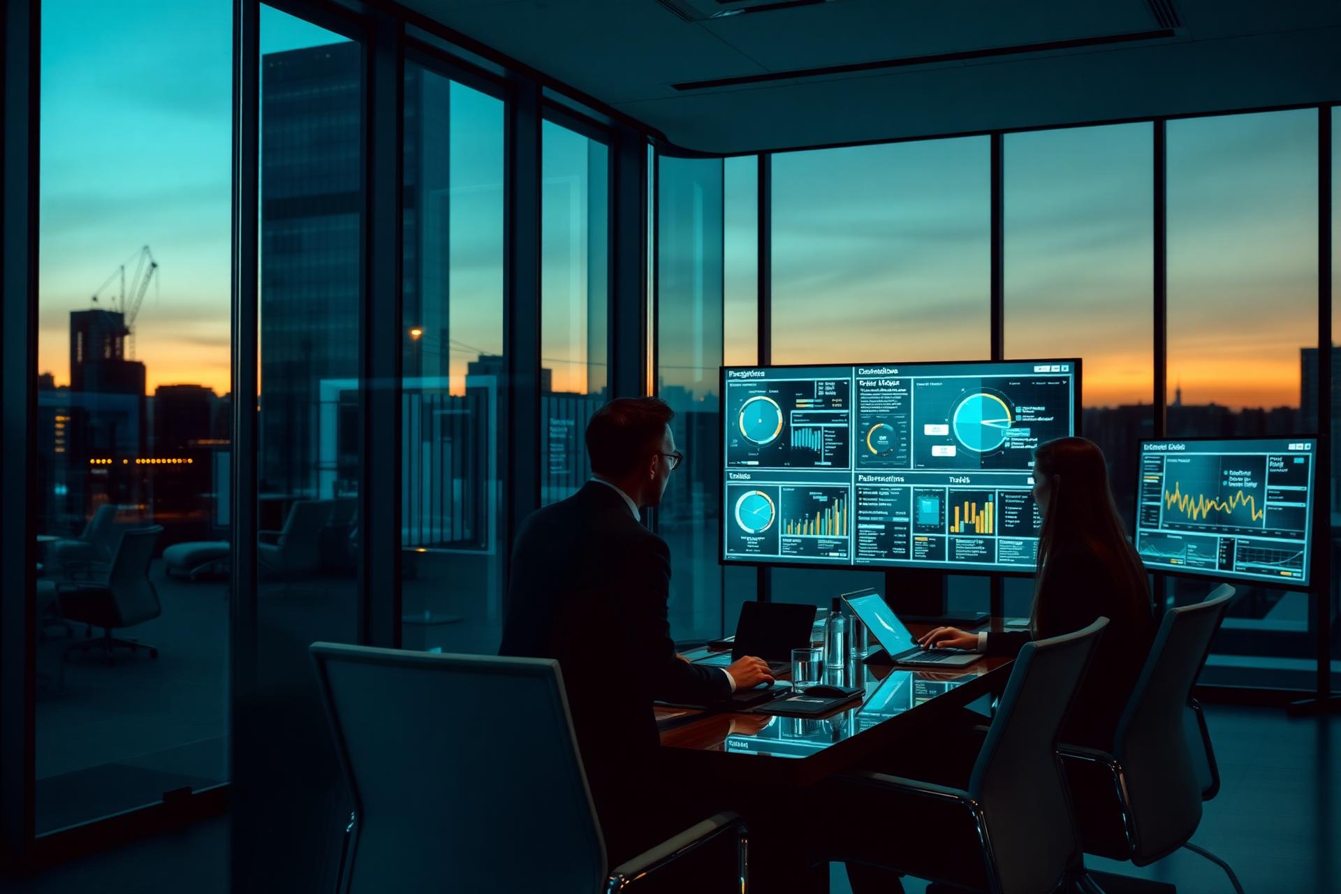 Ambiente executivo corporativo com dashboards de gestão de riscos